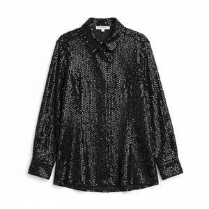 Leo Narducci Ambiance Vintage Black Sequin Button Down Blouse, Long Sleeve Top